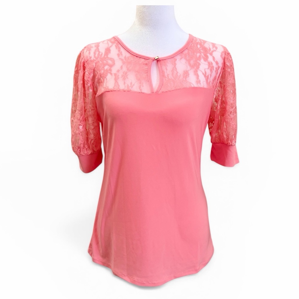 NWT NY Collection Lace Puff Sleeve Blouse Top Pink Romantic Petite Small PS - Picture 1 of 12